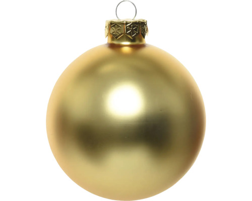 Matná zlatá vianočná guľa s ozdobným uzáverom a očkom na zavesenie.