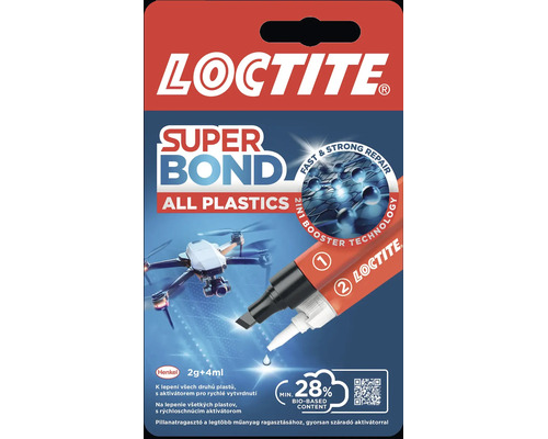Sada Loctite Super Bond All Plastics, 2 gramy lepidla, 4 mililitre aktivátora, 28 percent biologického obsahu, Loctite Logo, Henkel Logo.