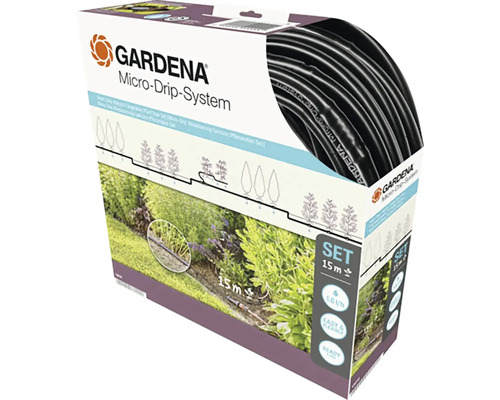 Zavlažovacia súprava Gardena Micro-Drip-System pre zeleninové a rastlinné riadky, dĺžka 15 metrov, 1,6 litra za hodinu, pripravená na použitie.