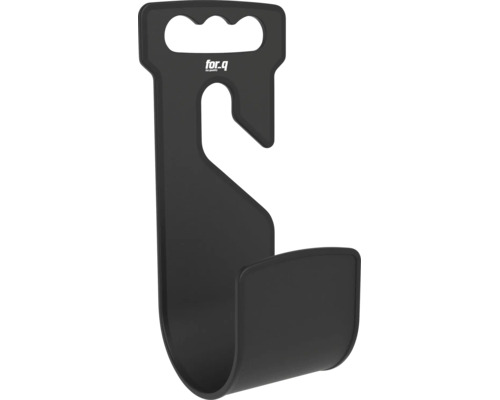 Čierny nástenný držiak for.q z plastu na záhradné hadice alebo náradie s rukoväťou, hákom a for.q Logo.