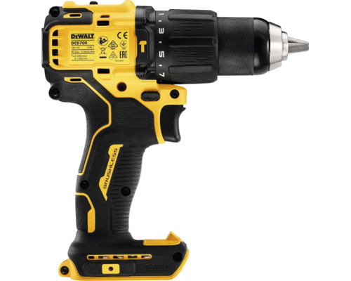 Akumulátorový príklepový vŕtací skrutkovač DeWALT DCD709 s napätím 18 Voltov a bezuhlíkovým motorom.