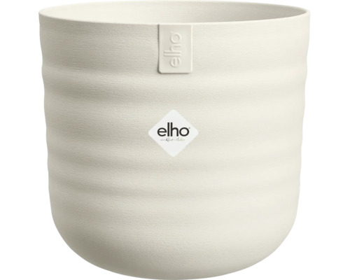 Okrúhly kvetináč Elho s horizontálne vrúbkovanou povrchovou štruktúrou a Elho Logo.