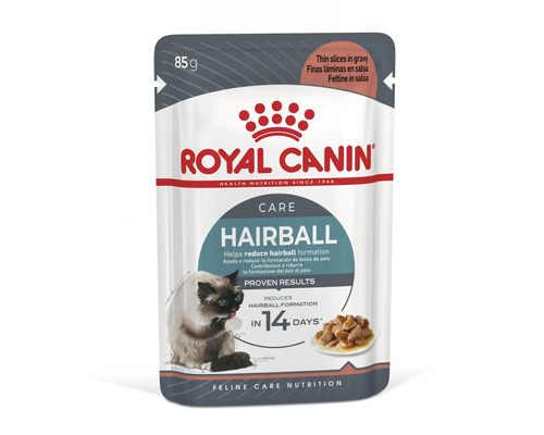 Kapsička pre mačky Royal Canin Hairball Care, jemné plátky v omáčke na zníženie tvorby bezoárov, 85 gramov.