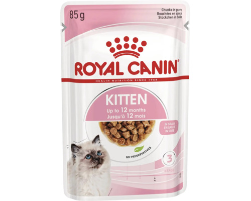 Royal Canin Logo, mokré krmivo Royal Canin Kitten, kúsky v omáčke, 85 gramov, pre mačiatka do 12 mesiacov, bez konzervantov.