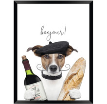 Zarámovaný obraz s Jack Russell teriérom s baretom, fúzmi, fľašou vína a bagetou. Nápis bonjour.