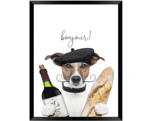 Zarámovaný obraz s Jack Russell teriérom s baretom, fúzmi, fľašou vína a bagetou. Nápis bonjour.