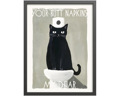 Zarámovaný obraz s čiernou mačkou na toalete, rolkou toaletného papiera na hlave a textom Your Butt Napkins My Dear.