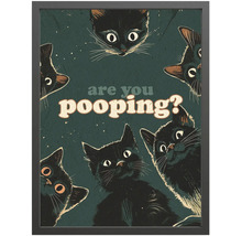 Zarámovaný plagát s čiernym rámom, ilustráciami čiernych mačiek a textom are you pooping?