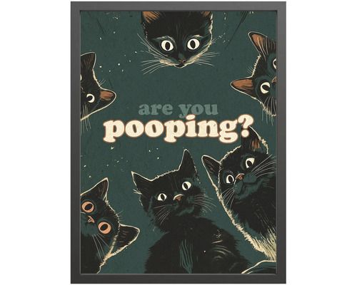 Zarámovaný plagát s čiernym rámom, ilustráciami čiernych mačiek a textom are you pooping?