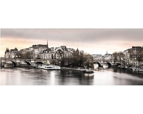 Panoramatický nástenný obraz Paríža so Seinou, mostom Pont Neuf a historickými budovami za súmraku.