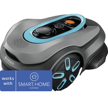 Robotická kosačka Gardena, kompatibilná so SMART HOME by hornbach, sivé telo s modrými detailmi a ovládacím panelom.