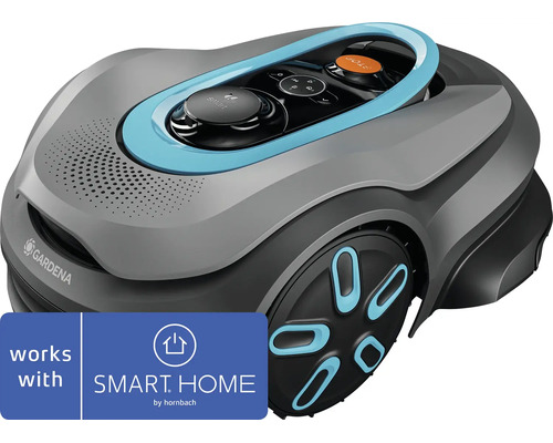 Robotická kosačka Gardena, kompatibilná so SMART HOME by hornbach, sivé telo s modrými detailmi a ovládacím panelom.