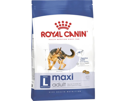 Royal Canin Maxi Adult krmivo pre veľké psy od 26 do 44 kilogramov, staršie ako 15 mesiacov, na podporu trávenia.