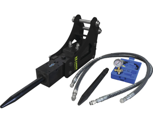 Hydraulické kladivo Zipper pre minibagre vrátane sekáča, hydraulických hadíc a súpravy manometra.