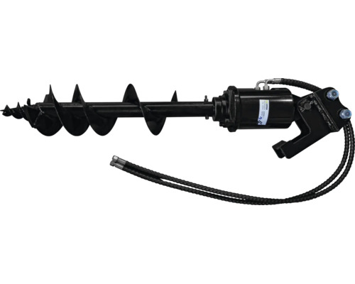 Hydraulický zemný vrták z čierneho kovu so špirálovou čepeľou, hydraulickými hadicami a Zipper Logo.