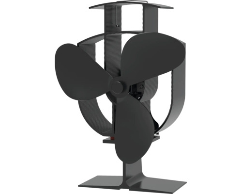 Čierny krbový ventilátor z kovu s tromi lopatkami pre krbové kachle.