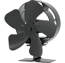 Čierny krbový ventilátor s piatimi lopatkami a ochranným krúžkom.
