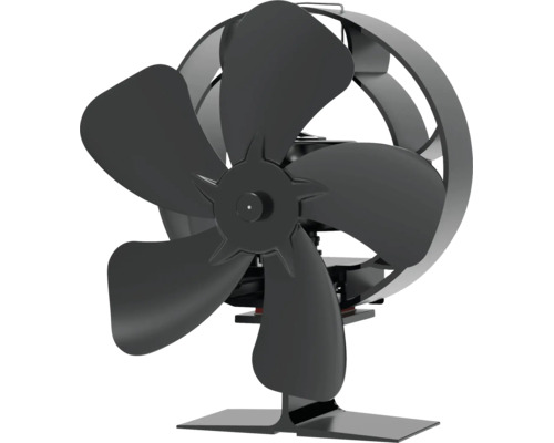 Čierny krbový ventilátor s piatimi lopatkami a ochranným krúžkom.