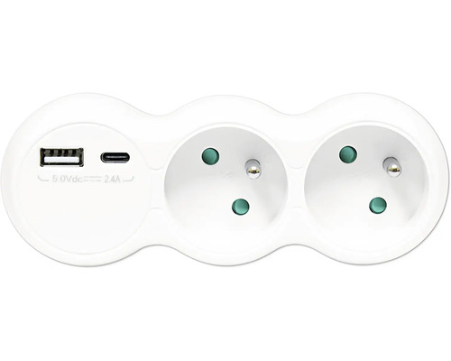 Zásuvkový adaptér s dvomi zásuvkami a dvomi USB portami, typ A a typ C.