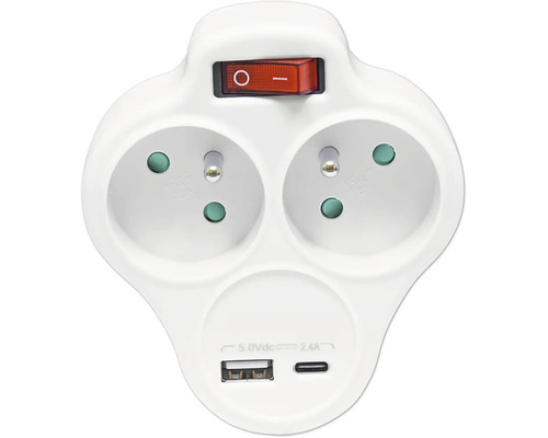 Dvojitý zásuvkový adaptér s vypínačom, jedným portom USB-A a jedným portom USB-C, biely.