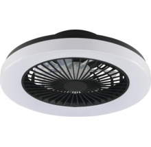 Moderný stropný ventilátor s LED osvetlením a čiernou ochrannou mriežkou.