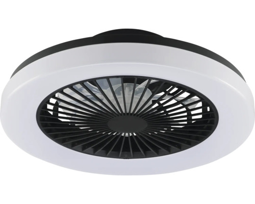 Moderný stropný ventilátor s LED osvetlením a čiernou ochrannou mriežkou.