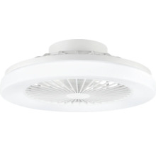 Biely stropný ventilátor s integrovaným LED osvetlením, kompaktné prevedenie s ochrannou mriežkou do interiéru.