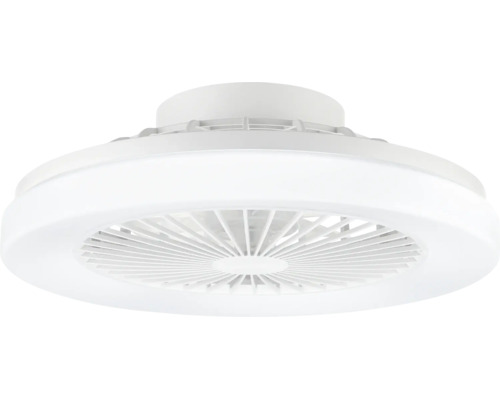 Biely stropný ventilátor s integrovaným LED osvetlením, kompaktné prevedenie s ochrannou mriežkou do interiéru.