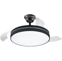 Moderný stropný ventilátor s LED osvetlením a výsuvnými lopatkami.