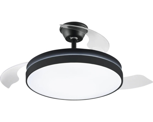Moderný stropný ventilátor s LED osvetlením a výsuvnými lopatkami.