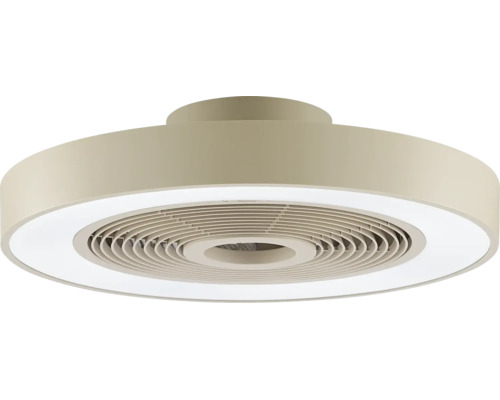 Moderný stropný ventilátor s integrovaným svetelným LED kruhom a okrúhlym krytom.