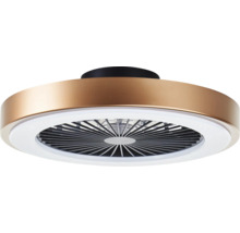Moderný okrúhly stropný ventilátor v bronzovom vzhľade s integrovaným LED svetelným krúžkom a ochrannou mriežkou.