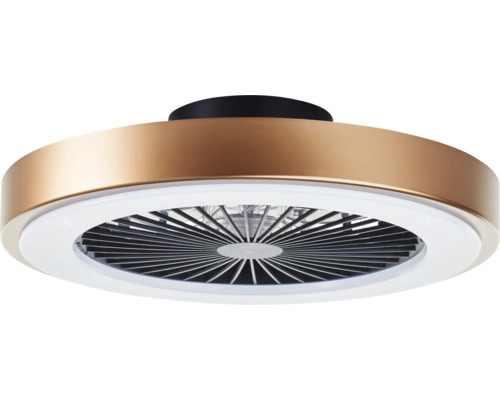 Moderný okrúhly stropný ventilátor v bronzovom vzhľade s integrovaným LED svetelným krúžkom a ochrannou mriežkou.