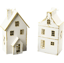 Dva dekoratívne miniatúrne domčeky z kovu v bielej farbe so zlatými detailmi, ideálne na vianočnú dekoráciu.