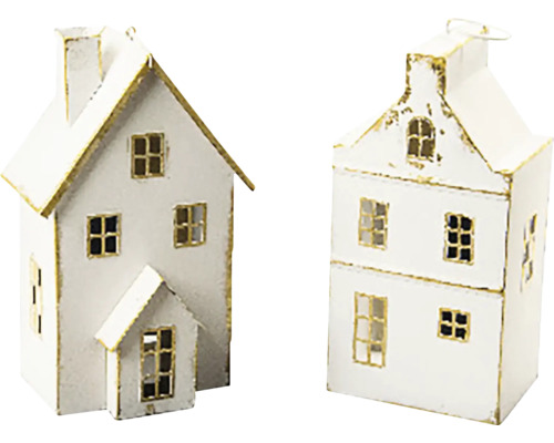 Dva dekoratívne miniatúrne domčeky z kovu v bielej farbe so zlatými detailmi, ideálne na vianočnú dekoráciu.