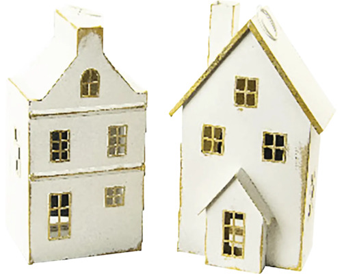 Dva dekoratívne miniatúrne domčeky z kovu v bielej farbe so zlatými okrajmi a okennými rámami.