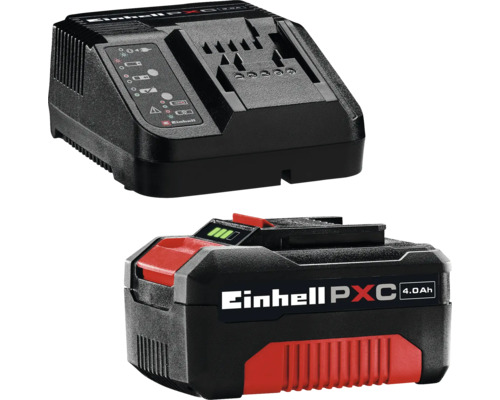 Štartovacia súprava akumulátora Einhell Power X-Change obsahujúca 4,0 Ampérhodinový akumulátor a príslušnú nabíjačku pre elektrické náradie.