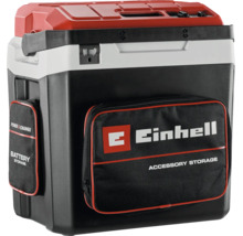 Hybridný chladiaci box Einhell s rukoväťou, otváračom na fľaše a vreckami na akumulátor a príslušenstvo.