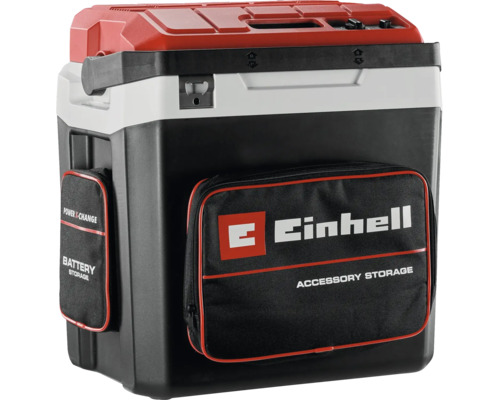 Hybridný chladiaci box Einhell s rukoväťou, otváračom na fľaše a vreckami na akumulátor a príslušenstvo.