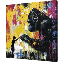 Obraz na plátne s abstraktným motívom gorily so slúchadlami a malou ľudskou siluetou v štýle street art.