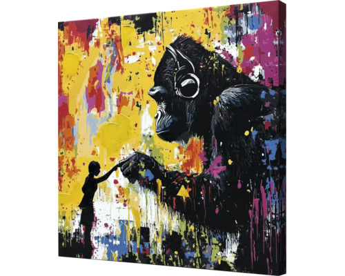 Obraz na plátne s abstraktným motívom gorily so slúchadlami a malou ľudskou siluetou v štýle street art.