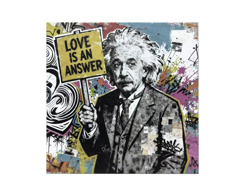 Obraz na plátne v graffiti štýle s Albertom Einsteinom držiacim tabuľu s nápisom Love is an answer.