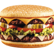 Dekoračný vankúš v tvare dvojitého cheeseburgeru z textilu s realistickou potlačou.