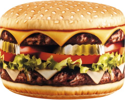 Dekoračný vankúš v tvare dvojitého cheeseburgeru z textilu s realistickou potlačou.