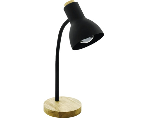 Čierna stolná lampa z kovu s okrúhlou drevenou základňou a dreveným prvkom na hornej časti tienidla.