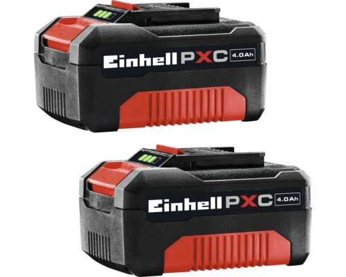 Dva akumulátory Einhell Power X-Change s kapacitou 4,0 ampérhodín a indikátorom stavu nabitia pre akumulátorové náradie.