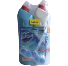 Čistiaca sada Domestos obsahujúca dve fľaše WC čističa a balenie WC blokov Ocean s nálepkou Darček.