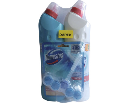 Čistiaca sada Domestos obsahujúca dve fľaše WC čističa a balenie WC blokov Ocean s nálepkou Darček.