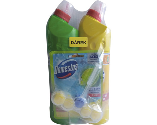 Domestos akčná sada obsahujúca dva tekuté WC čističe a jeden WC blok Power 5 s vôňou limetky.