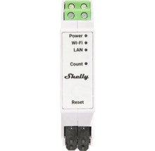 Modul Shelly smart home na DIN lištu s LED indikátormi pre Power, Wi-Fi, LAN, Count a resetovacím tlačidlom.